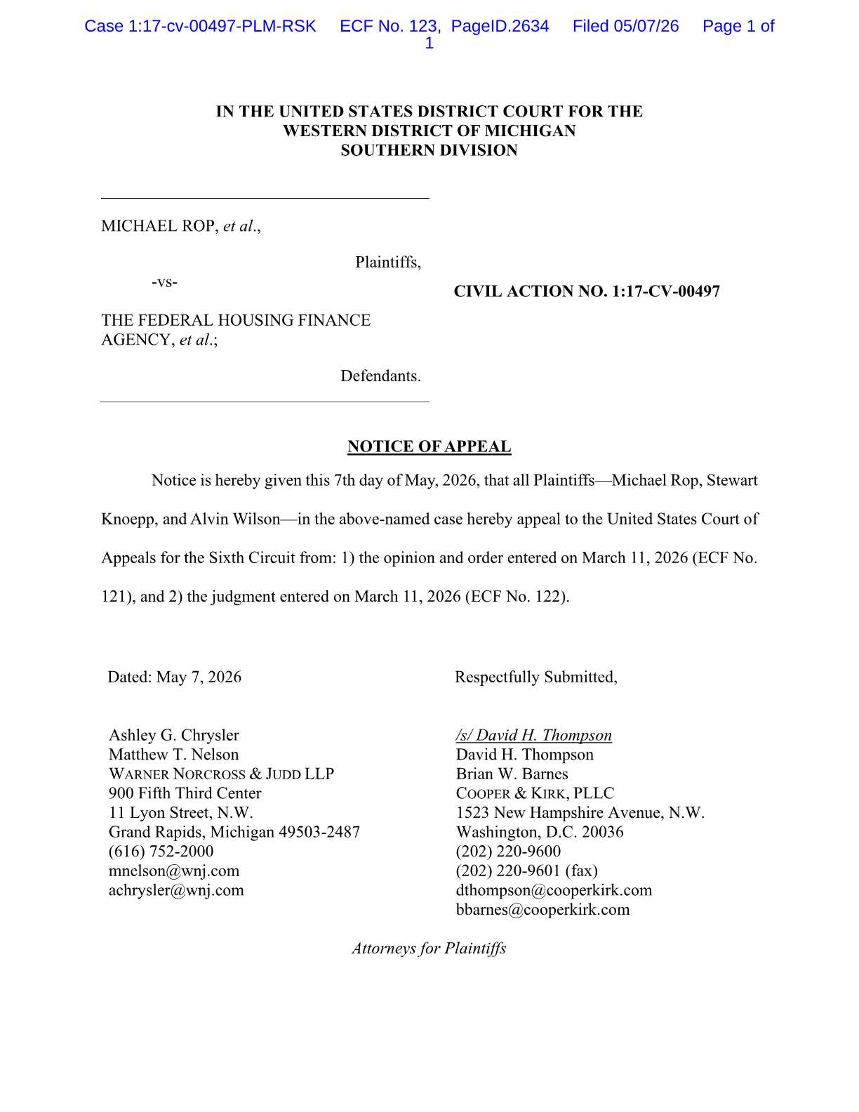 Rop Notice of Appeal — Case 1:17-cv-00497, ECF 123, filed May 7, 2026