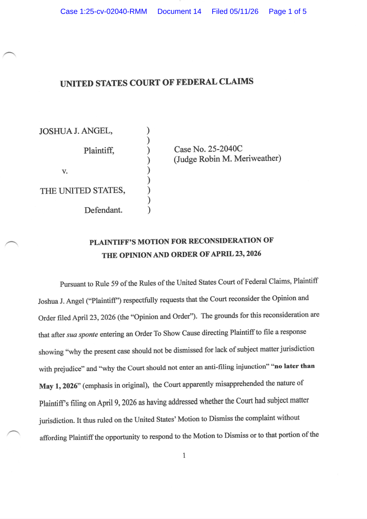 Angel Second Motion for Reconsideration — Case 1:25-cv-02040-RMM, Document 14, filed May 11, 2026