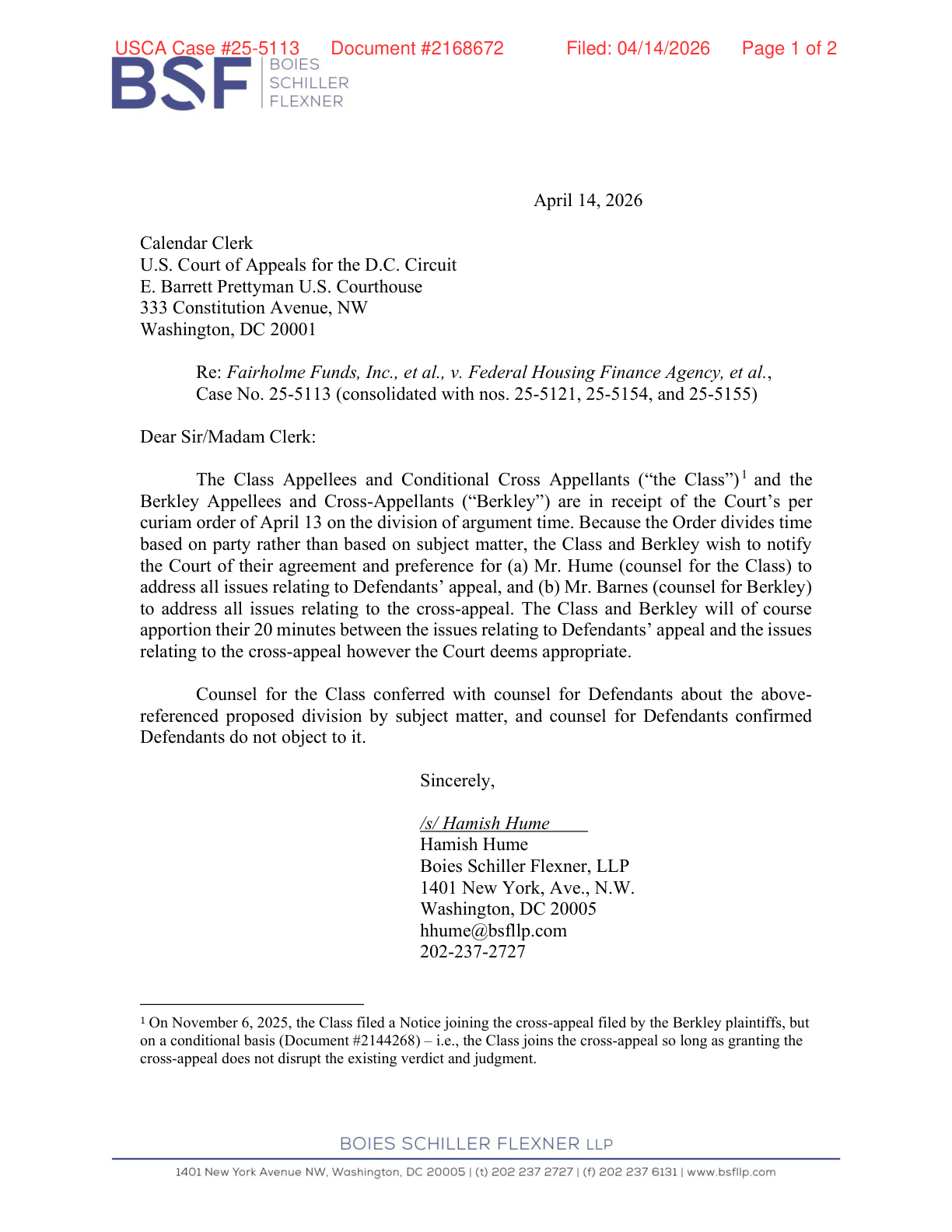 Hume/Barnes letter to DC Circuit Clerk — April 14 2026