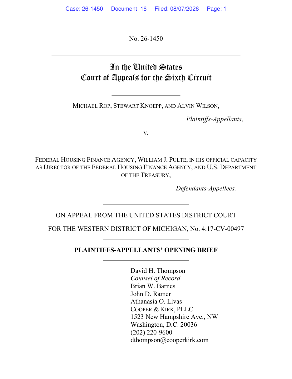 Rop v. FHFA Plaintiffs-Appellants' Opening Brief — Sixth Circuit Case 26-1450, Document 16, filed August 7, 2026