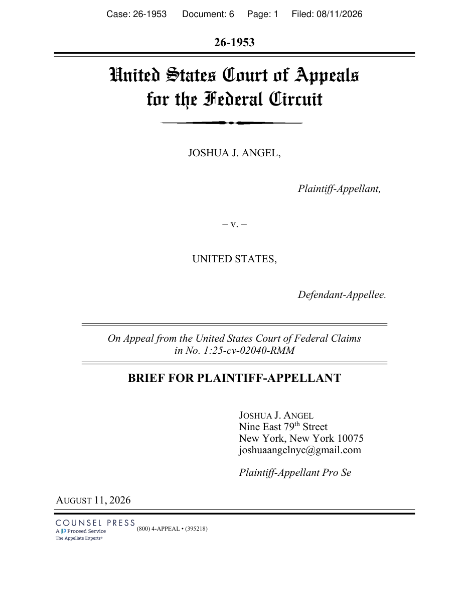 Angel v. United States Brief for Plaintiff-Appellant — Federal Circuit Case 26-1953, Document 6, filed August 11, 2026